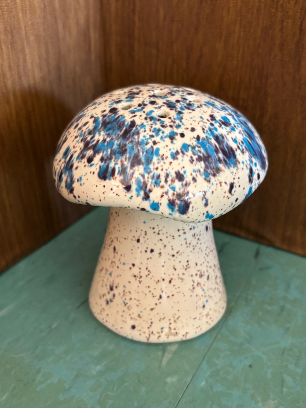 Vintage Speckled Ceramic Mushroom shaker blue white